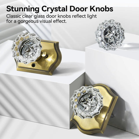 3 Pack Crystal Glass Door Knobs With Antique Brass Finish And Privacy Lock For Bedroom And Bathroom Interiors, Vintage Rosette Style Doorknobs With Heavy Duty Zinc Alloy Plates For A Classy Yet On Point Look, displayed on white backdrop.