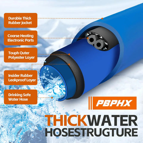 Blue RV heated drinking water hose end, close-up view showing layered rubber jacket and heating elements
