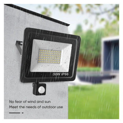 Led Pir Motion Sensor Led Flood Light Ac220 100W 50W 30W Outdoor Ip66 Waterproof Projector Spotlight Led Exterior Street Light for Court,Garden,Warehouse，30w-30，30w-3000K WARM LIGHT_WHITE SHELL mounted on wall, displaying wet surface with motion sensor.