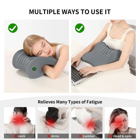 Woman using ergonomic office chair headrest with adjustable neck support for comfort during work and naps, universal attachment.