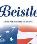 Beistle logo with slogan 'Quality Party Supplies for Any Occasion' over a background of the American flag.