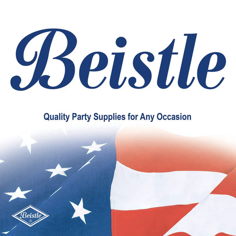 Beistle logo with slogan 'Quality Party Supplies for Any Occasion' over a background of the American flag.