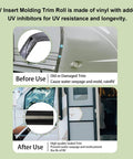 1-inch black vinyl trim molding screw covers for RV; before-use damaged exterior trim vs after-use sealed side trim