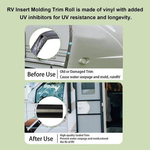 1-inch black vinyl trim molding screw covers for RV; before-use damaged exterior trim vs after-use sealed side trim