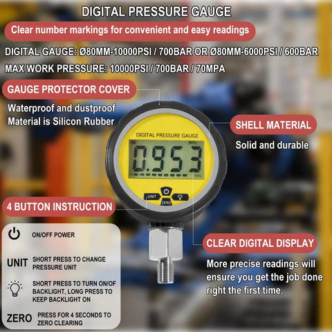 Heavy Duty Hydraulic Pressure Gauge Digital Display 10000 PSI 700 BAR With 1/4 Inch NPT Connector shown with digital screen