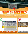 Comparison of license plate with and without Two Pack License Plate Cover Protector For American Cars, Tough As Nails Polycarbonate Shield