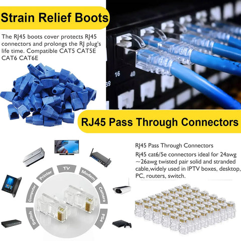 RJ45 Crimp Tool Kit All In One Ethernet Crimper With Cable Tester And Wire Stripper, connector boots and passthrough connectors