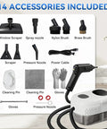 14 accessories for This bad boy 2500W Handheld Steam Cleaner, including scrapers, brushes, and gloves for versatile cleaning.