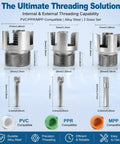 3 Piece PVC Pipe Threader Tool Kit For 1 2 3 4 And 1 Inch Plastic Pipes Heavy Duty Alloy Construction with size info