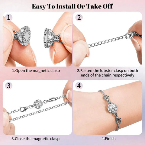Steps showing how to use Magnetic Jewelry Clasps And Extenders Set In Gold And Silver 24 Piece Layering Clasp Kit For Necklaces Bracelets And Anklets.