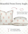Floral Block Print Pillow Cover In Blush Pink And Off White For Cozy Grandmillennial Decor 20x20 Decorative Throw Pillow Case With Durable Upholstery Fabric Tailored Light Pink Piping And Vintage Chic Vibe, front and back
