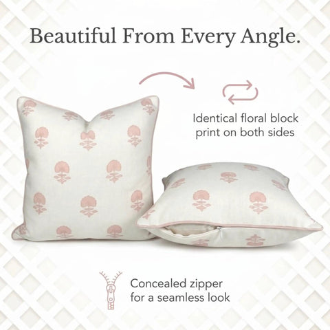 Floral Block Print Pillow Cover In Blush Pink And Off White For Cozy Grandmillennial Decor 20x20 Decorative Throw Pillow Case With Durable Upholstery Fabric Tailored Light Pink Piping And Vintage Chic Vibe, front and back