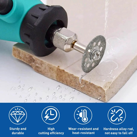 Slick Cut Twenty Piece Diamond Coated Cutting Wheels Compatible With Dremel Rotary Tools used on tile with water splashing.