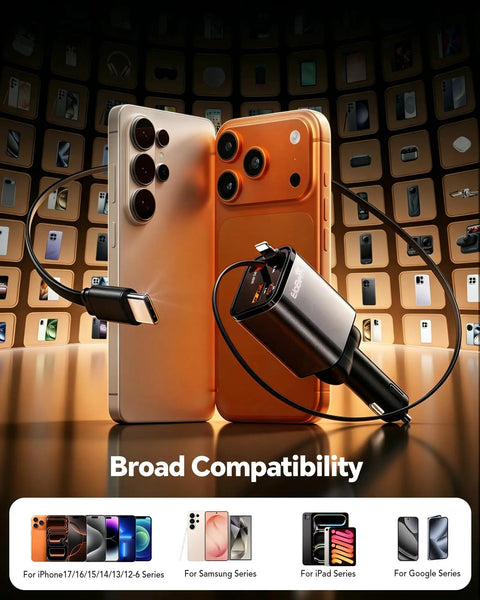 Ultra Flexible USB C Car Charger With Fast Charge for iPhone 17 16 15 Galaxy S26 Pixel shown with smartphones in backdrop