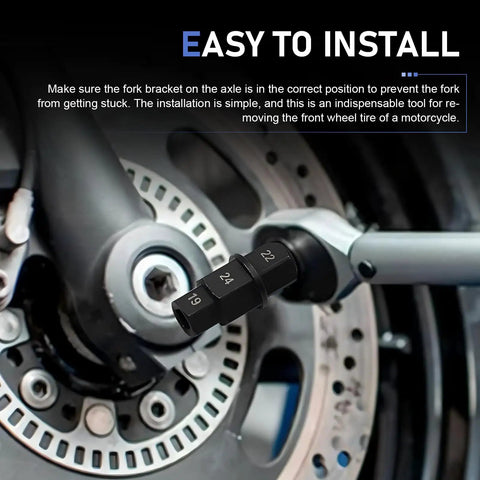 Motorcycle Front Axle Tool Kit With Recessed Hex Socket Spindle Removal Sleeve, 4 hex sizes visible on axle