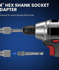 1/4 inch hex shank socket adapter attached to a drill, showing quick change mechanism for drill chucks
