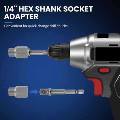 1/4 inch hex shank socket adapter attached to a drill, showing quick change mechanism for drill chucks