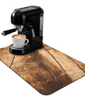 Wood Grain Coffee Counter Mat 20x12 Inch Absorbent Rubber Backed Bar Mat under espresso machine with coffee cup.