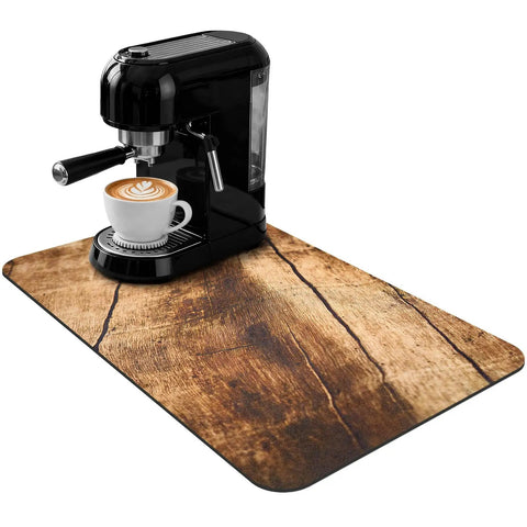 Wood Grain Coffee Counter Mat 20x12 Inch Absorbent Rubber Backed Bar Mat under espresso machine with coffee cup.