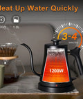 Gooseneck Electric Kettle With 304 Stainless Steel Build Auto Shutoff And Anti Dry Protection For Pour Over Coffee And Tea Matte Black 1.0L 1200W Fast Boil No Plastic Contact BPA Free displayed with fast boiling feature and pour-over setup.