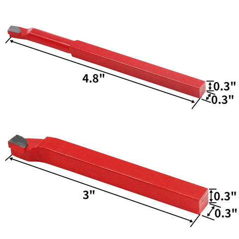 Red metal bits from 11 Piece Carbide Tip Cutter Bit Set For Metal Lathe Tooling And CNC Lathe Projects, shown with dimensions.