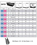 Seawing Supernova Scuba Fin Blade Set With Lock Plates For Diving sizing chart, showing size conversion for Midi Size Blue fins.