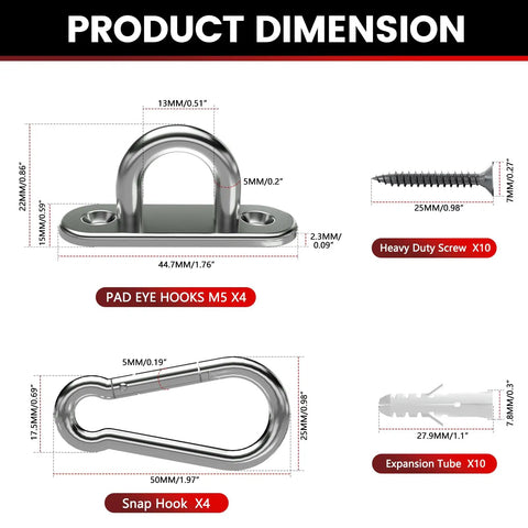 Tough As Nails Heavy Duty 304 Stainless Steel Pad Eye Snap Hooks For Ceiling Mounts M5 Threading dimensions and components