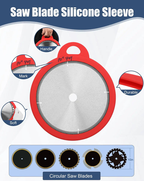 Tough As Nails Silicone Saw Blade Protector Sleeve For 10 Inch Circular Blades, red sleeve with handle, fits snugly over saw blade.