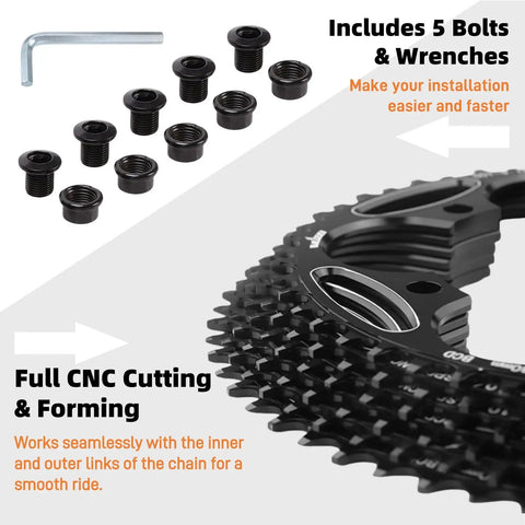 Close-up of 110 130 BCD Chainring Set Narrow Wide 36T 38T 40T 42T 44T 46T 48T 50T 52T 54T 56T 58T 60T With 5 Screws, black with bolts and wrench.