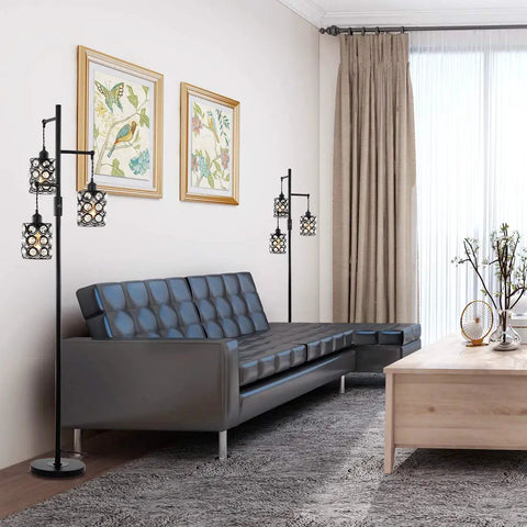 Vintage Farmhouse Floor Lamp With Three Light Tree Design, Industrial Crystal Glass Standing Lamp For Living Room Or Office, On Off Rotary Switch, 64 Inch E26 Base
