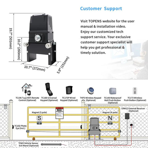 Diagram of Heavy Duty Chain Drive Automatic Sliding Gate Opener For Large Driveways Up To 5700 Pounds with dimensions and accessories