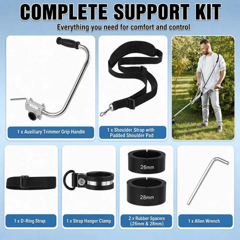 Adjustable Trimmer Support Handle Kit For B410TS Ergonomic Grip Upgrade For Steady Control And Upright Posture During Lawn Trimming And Edging For Long Lasting Consistent Easy Trimming And Edging. support kit parts with handle, strap, spacers, and wrench