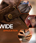 Leather Snaps And Fasteners Kit With 40 Sets Of 15mm Metal Snap Buttons shown used on a leather bag and jacket