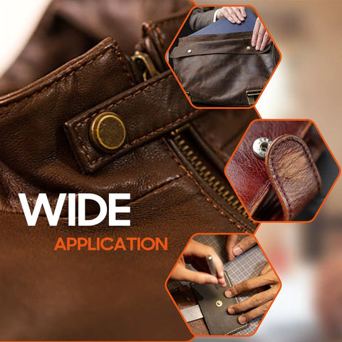 Leather Snaps And Fasteners Kit With 40 Sets Of 15mm Metal Snap Buttons shown used on a leather bag and jacket