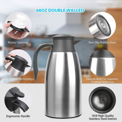 Double Walled Stainless Steel Thermal Coffee Carafe 68-Ounce Two-Liter Capacity Dispenser with BPA-Free Lid, ergonomic handle
