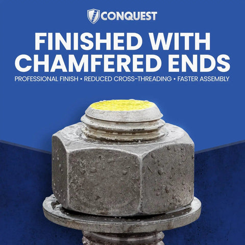 Close-up of chamfered end on hex nut with text about professional finish and reduced cross-threading for faster assembly.