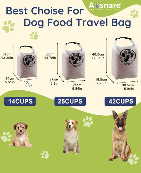 Transparent Leak Proof Pet Food Storage Bag for Travel with Roll Top Closure and Airtight Seal, shown in 14, 25, 42 cups sizes.