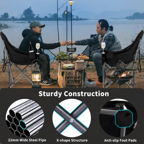 Oversized XL Camping Chair For Adults Built Tough 500 Lb Capacity with two people sitting by a lake, showing sturdy structure.