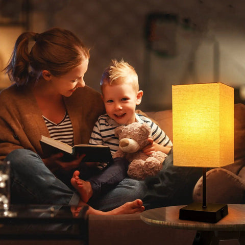 Pair Of Touch Lamps With USB Port And Outlet, 3 Way Dimmable Bedside Lamps in living room with mother and child reading