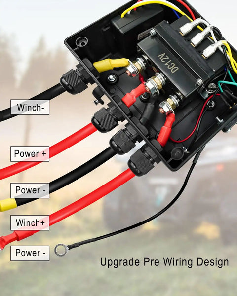 Prewired Winch Control Box Kit For 12V DC 500A Solenoid Contactor With Easy Install Harness, Plug And Play Winch Controller, No Hassle Setup Fits ATV UTV SUV Electric Winches 8000lbs To 17000lbs. prewired 12V winch control box with labeled power and winch cables