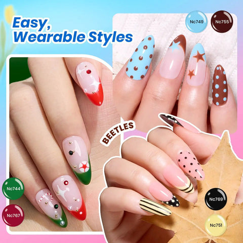 UV Light Gel Nail Polish Kit With 20 Colors And 40 Piece Mix Set, featuring colorful nail art designs with polka dots and stripes.