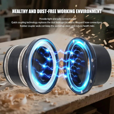 4 Inch Magnetic Dust Collection Fitting Starter Kit With One To Multi Quick Connect System And Strong Rare Earth Magnet Seal For Woodworking Shop Vacuums And Hose Tools Easy Install showing rubber coupler seals with tight connections.