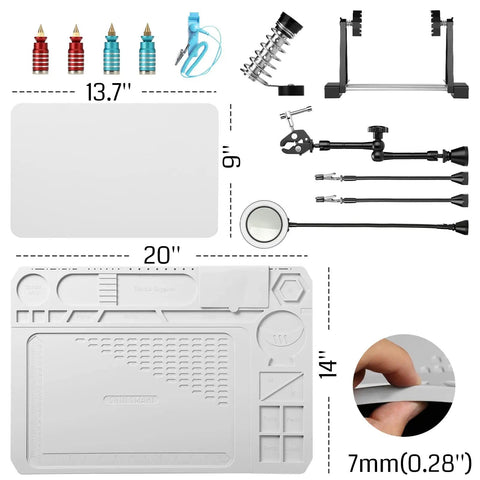 Components of 2 In 1 Magnetic Helping Hands Soldering Station with Silicone Mat, LED Lamp, Gooseneck Arms, and PCB Holder
