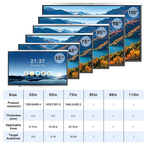 Various sizes of Premium 65 Inch 4K Touch Screen Display on Slick Rolling Cart Base for Corporate Or Classroom Use.