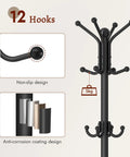Freestanding Coat Rack With Umbrella Holder And 12 Metal Hooks Three Tier Tree Coat Stand, sturdy black finish focus on hooks.