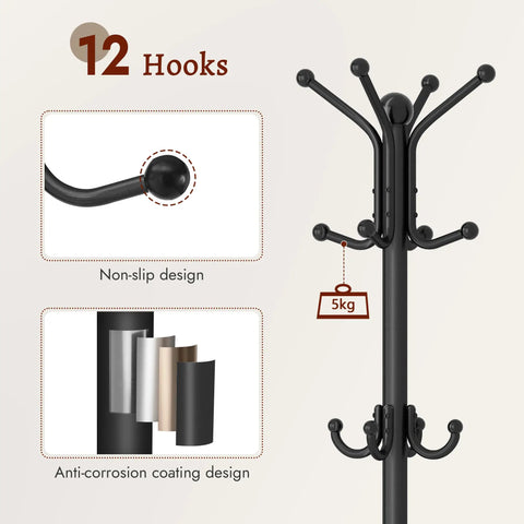 Freestanding Coat Rack With Umbrella Holder And 12 Metal Hooks Three Tier Tree Coat Stand, sturdy black finish focus on hooks.