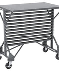 Heavy Duty Steel Mobile Bin Cart Organizer With Powder Coated Worktop For Kickass Garage Organization Setup 38 Inch Wide 24 Inch Deep 36 Inch Tall Gray side view with rolling wheels