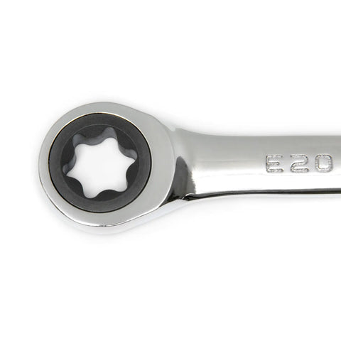 Close-up of E20 end on 4 Piece Double Box Ratcheting E-Torx Wrench Set For Gearheads, 72-Tooth Ratchet With A 5 Degree Swing