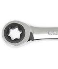Close-up of 72-tooth ratchet end on 4 Pc Double Box Ratcheting Wrench Set SAE with engraved size marking on chrome finish.