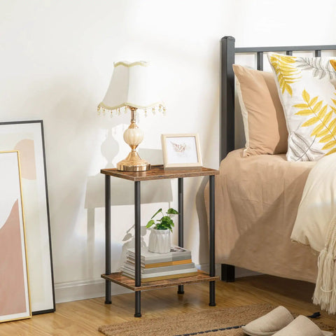 Industrial Style End Table for Small Spaces, Rustic Brown Two-Tier Side Table with Stable Frame next to a bed.